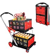 APOXCON Collapsible Shopping Cart with 2 Storage Crates 2-Tier Portable Utility Cart with Swivel ...
