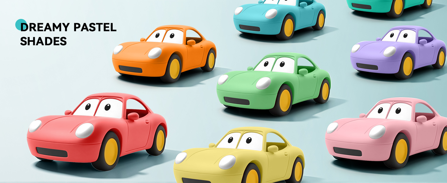 Cartoon-style toy cars in various pastel colors including orange, blue, green, purple, red, yellow, and pink. Cars have large eyes and rounded, simplified designs.