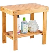 Bamboo Spa Bench Wood Seat Stool Foot Rest Shaving Stool with Non-Slip Feets Storage Shelf for Sh...