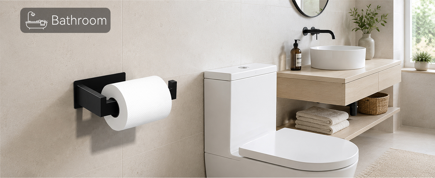Self-adhesive black paper towel holder, modern bathroom beside toilet, matte metal wall mount