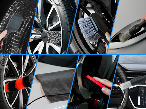 Wheel Cleaning Kit: Long Handle Soft Wheel Brushes, Detailing Brush, Tire Scrubber, Wash Mitt