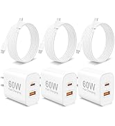 60W USB C Fast Charger for iPhone 17/Air/17 Pro/17 Pro Max/16/15 Pro Max, 3-Pack 60W Dual Port Ty...