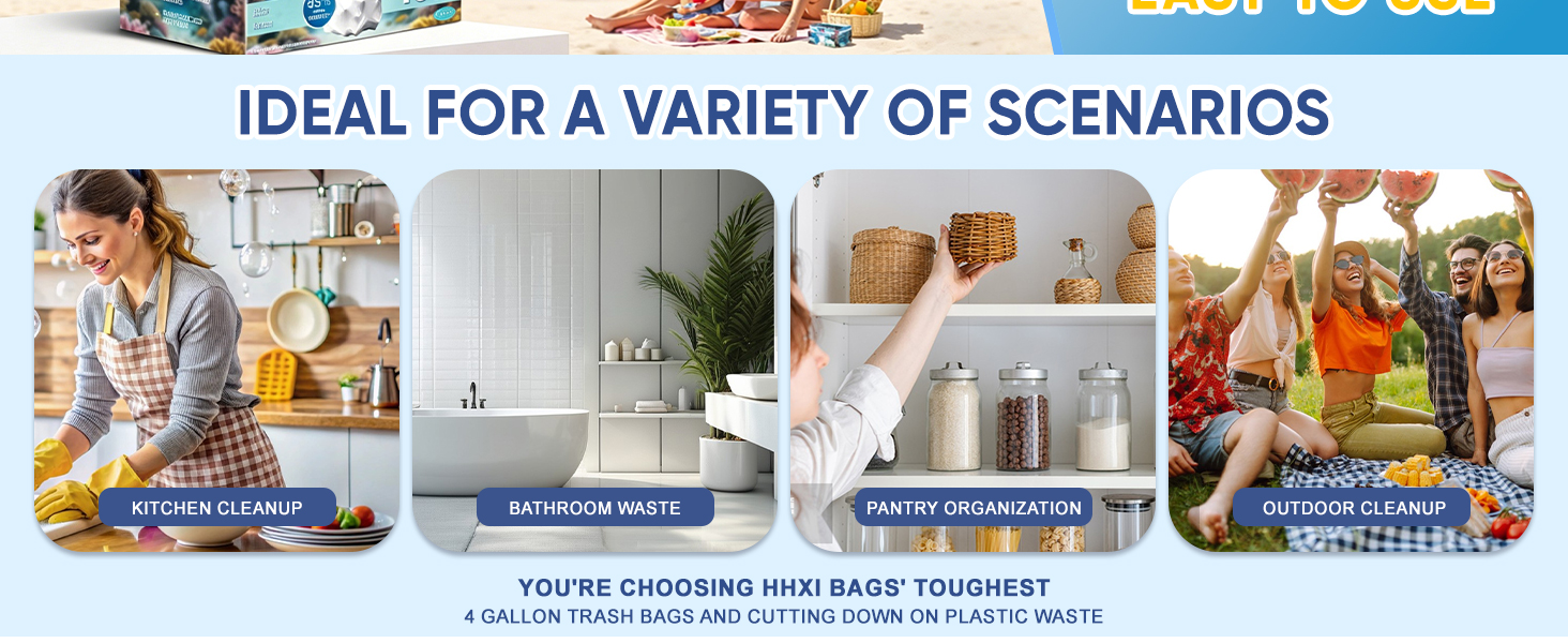 YOU&amp;#39;RE CHOOSING HHXIBAGS&amp;#39; TOUGHEST 4 GALLON TRASH BAGS AND CUTTING DOWN ON PLASTIC WASTE.