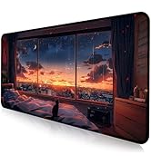 Anime Cat Fantasy Window Mouse Pad, Summer Mouse Pad Large Healing Night Scene, Game Table Pad XL...