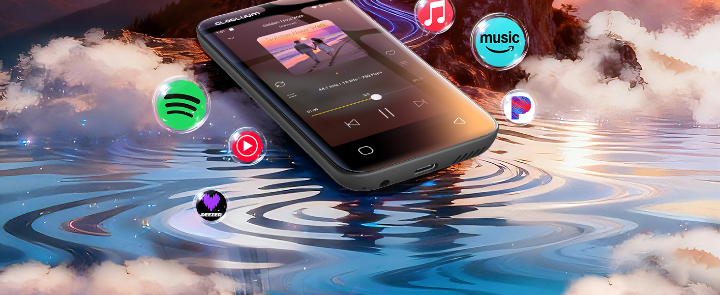 MP3 player with music track on screen, surrounded by app icons, set against a sunset backdrop