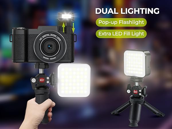 4k digital camera point and shoot with selfie light