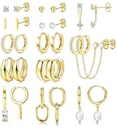 BESTEEL 13 Pairs Small Gold Hoop Earrings Set for Women 14K Gold Plated Lightweight Huggie Hoops ...