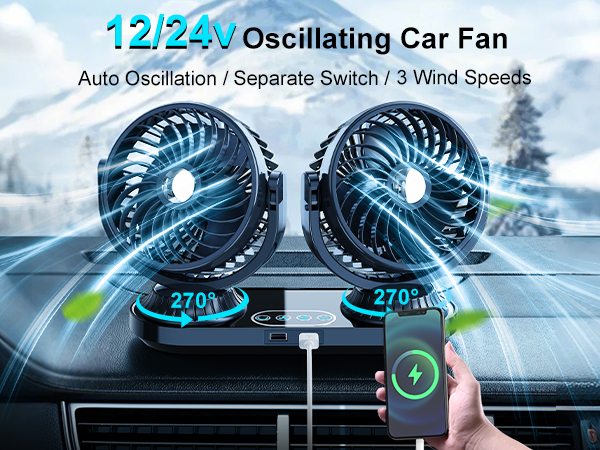 DICMKY Dual Head Auto Oscillating Car Cooling Fan for Dashboard