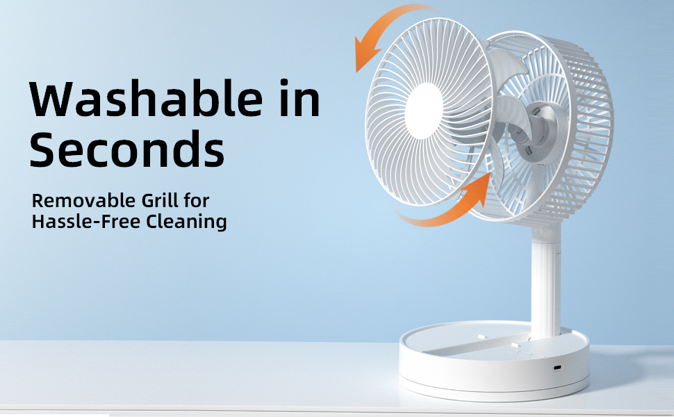 A white portable fan with a removable grill for easy cleaning.