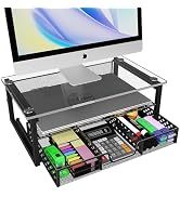 Simple Trending 2-Tier Glass Metal Monitor Stand Riser,Computer Desk Organizer with Drawer for La...