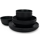 LEHAHA Bamboo Fiber Melamine Dinnerware Sets, Black Kitchen Plates and Bowls Sets, Unbreakable Di...