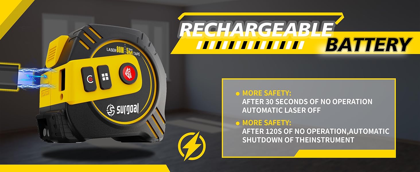 Rechargeable battery, laser tape measure with safety auto-off.