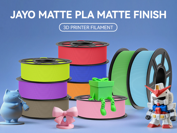 Jayo Matte PLA 3D printer filament spools in various bright colors, displayed with small printed figurines demonstrating the matte finish quality.