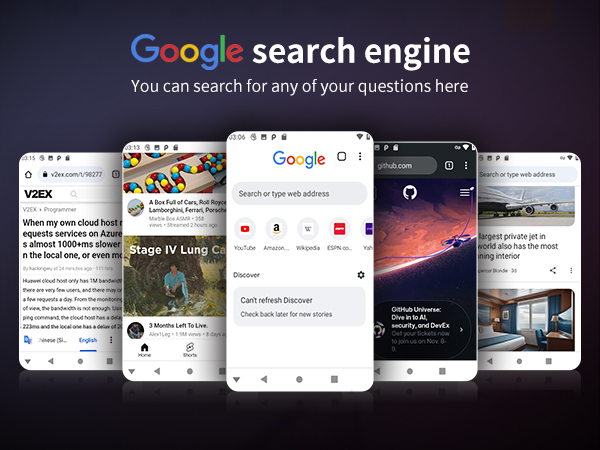 Multiple smartphone screens displaying Google search interface and various app layouts, showcasing the Google search engine's mobile functionality across different devices.