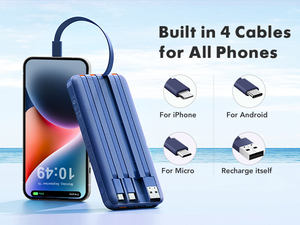 Text reads 'Built in 4 Cables for All Phones', 'For iPhone', 'For Android', 'For More', 'Recharge Itself'. Blue multi-cable charging device with integrated cables next to smartphone displaying time 09:01.