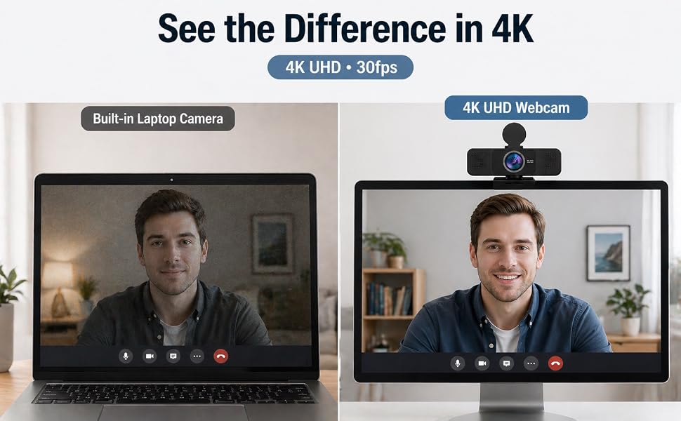 4K UHD webcam comparison showing clearer video than a built-in laptop camera for daily calls