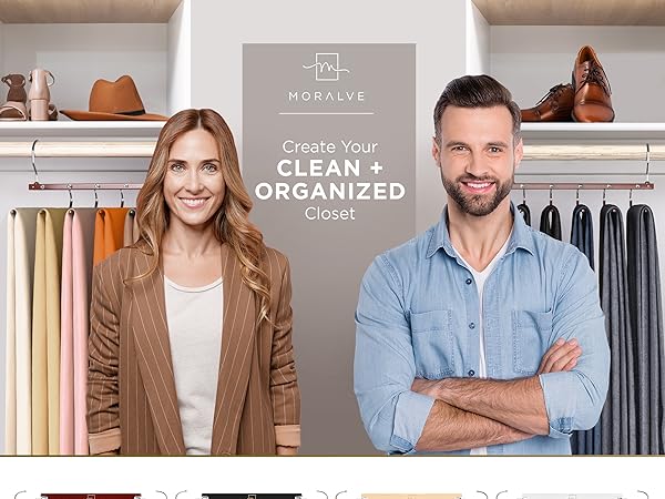 Text reads 'Clean + Organized'. Series of lifestyle product photos showing organized closet spaces with hanging clothes and neatly arranged storage solutions.