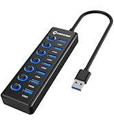 7-Port USB 3.0 Hub, Data USB Hub Splitter with Individual On/Off Switches and Lights, Compatible ...
