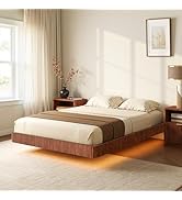 Evermagin Walnut Queen Floating Bed Frame with LED Lights, Modern Fluted Floating Bedframe, Heavy...