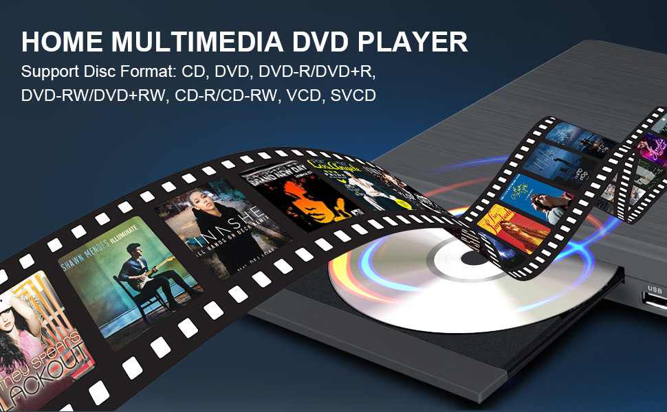 Text reads 'HOME MULTIMEDIA DVD PLAYER' and 'DVD-R/DVD+R/RW, CD-R/CD-RW, VCD, SVCD'. Image shows film strip and disc graphic against dark background.