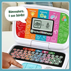 Kid answers question by selecting binoculars. Toy: I see birds!