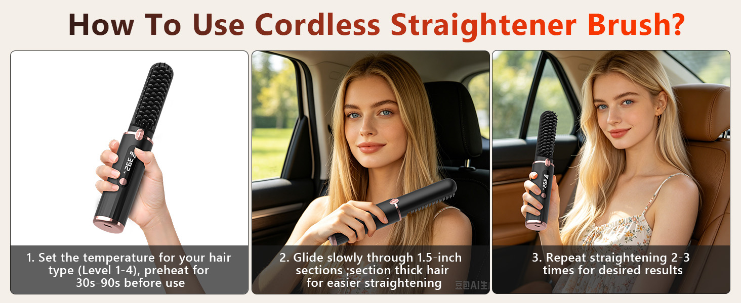 Cordless Hair Straightener Brush, Portable 4500mAh Rechargeable Straightening Comb, MCH Fast Heat
