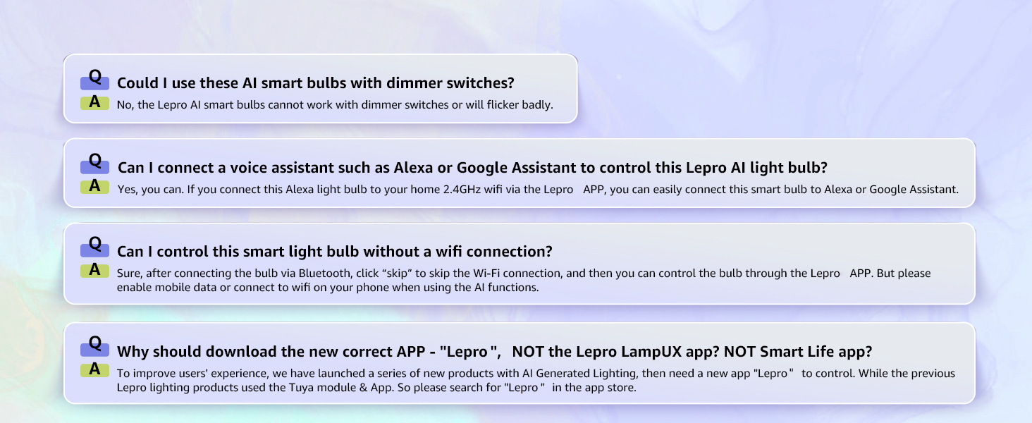 Four chat messages discussing smart home features, voice assistants, and smart light bulb functionality in a question-and-answer format.