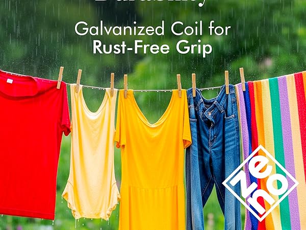 Text reads 'Galvanized Coil' and 'Rust-Free Grip'. Colorful laundry hanging on clothesline outdoors, featuring yellow, red, and blue garments.