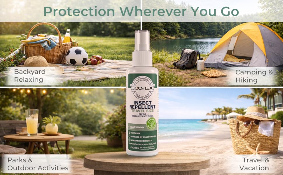 Insect repellent shown for outdoor use including backyard, camping, park, and beach