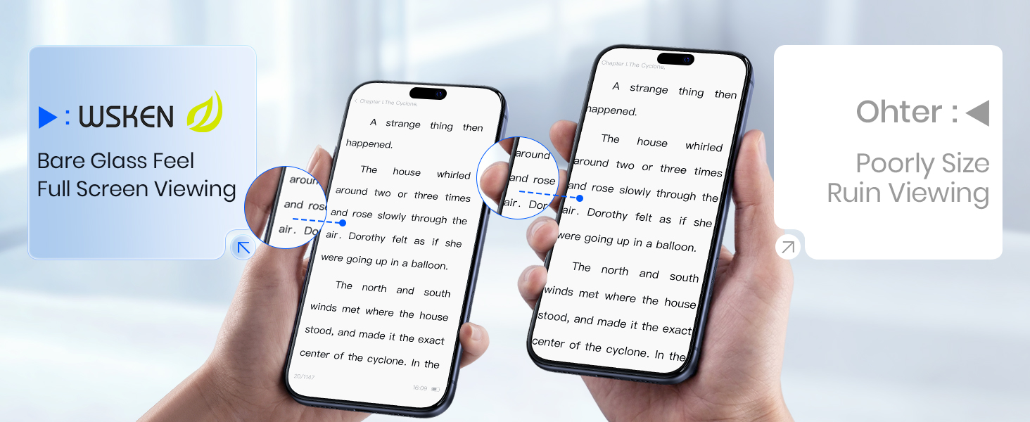 Comparison of clear WSKEN glass vs poorly sized other glass for full screen reading.