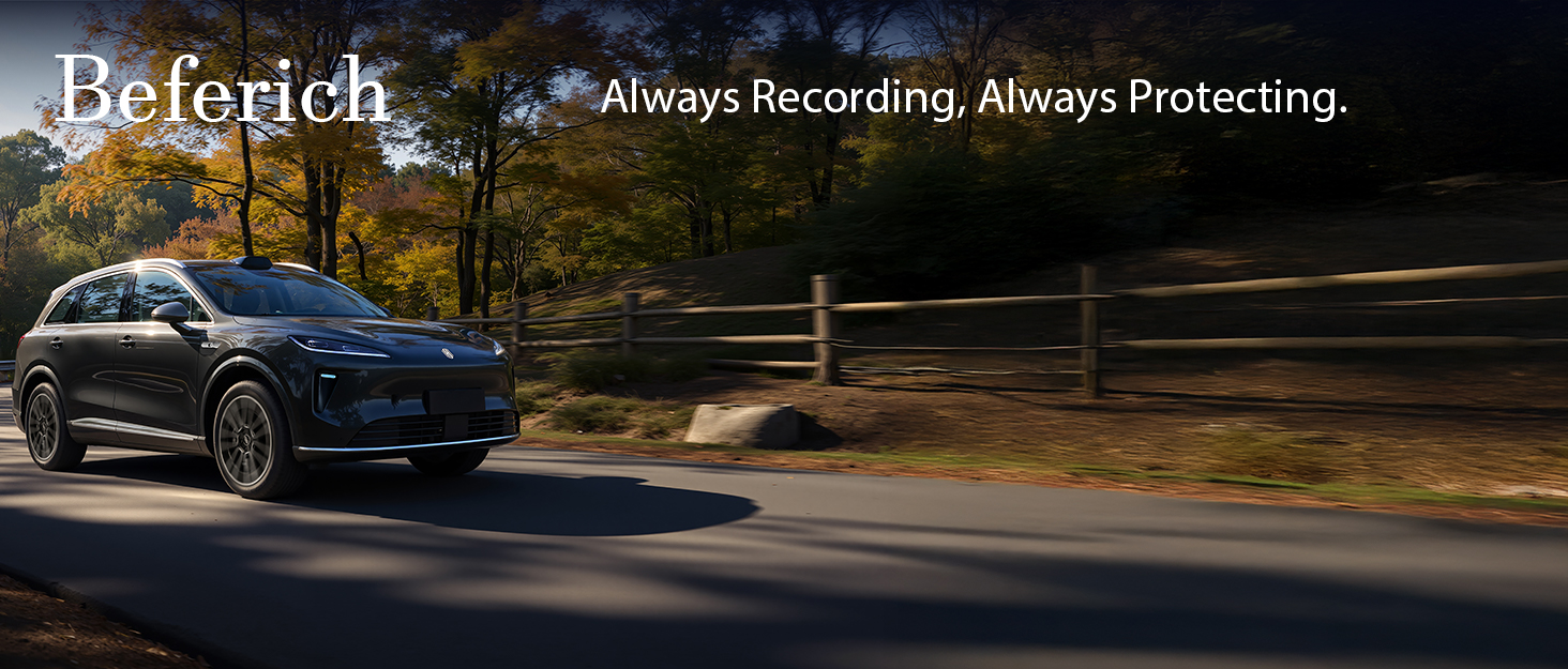 Text reads: 'Beforerich' and 'Always Recording, Always Protecting'. Dark luxury vehicle shown on autumn road with fallen leaves.