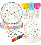 Multicolor Happy Birthday Party Plates Set, 168PCS Ribbons and Dots Stars Paper Plates Napkins Cu...