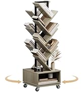iabifo Double Sided Rotating Tree Bookshelf - 7-Tier Retro Floor Standing Bookcase, Wood Storage ...