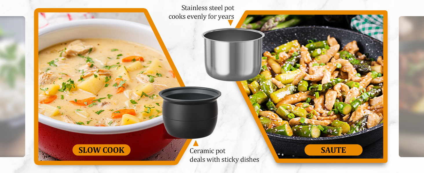 Ceramic pot conquers sticky disasters while stainless steel poy maintains perfect heat for decades