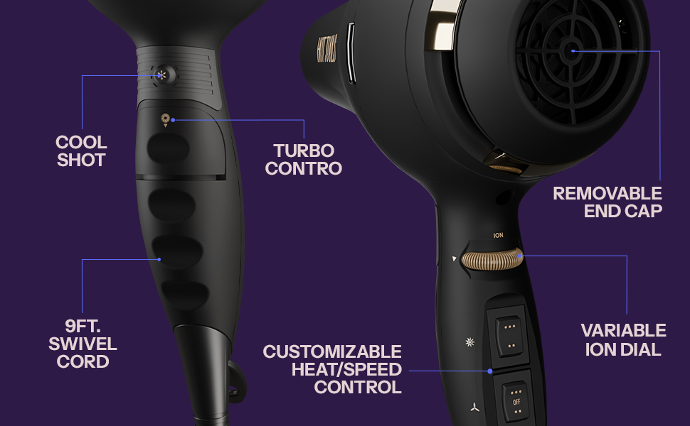 cool shot, turbo control, 9 ft swivel cord, custom heat/speed controls, variable ion dial