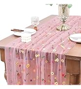 Joanlody Blushing Pink Embroidery Daisy Spring Summer Table Runner Florals Seasonal Easter Tulle ...