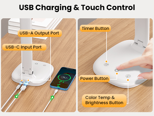 Text reads 'USB Charging &amp; Touch Control', 'Power Button', 'USB-A Output Port', 'Brightness Button'. Instructional diagram showing device features and controls.