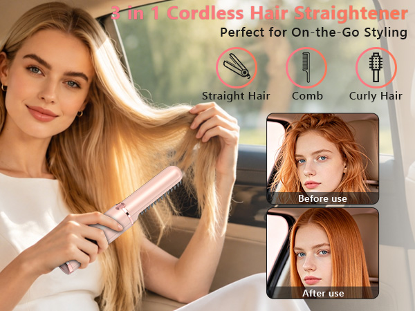 Cordless Hair Straightener Brush, Portable 4500mAh Rechargeable Straightening Comb, MCH Fast Heat