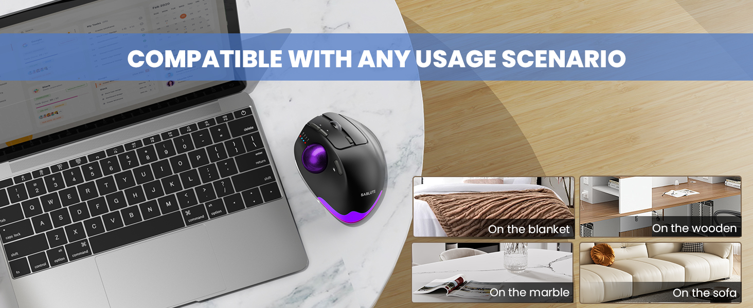 Wireless Trackball Mouse, Ergonomic Bluetooth Rechargeable Computer Mouse-Purple Ball