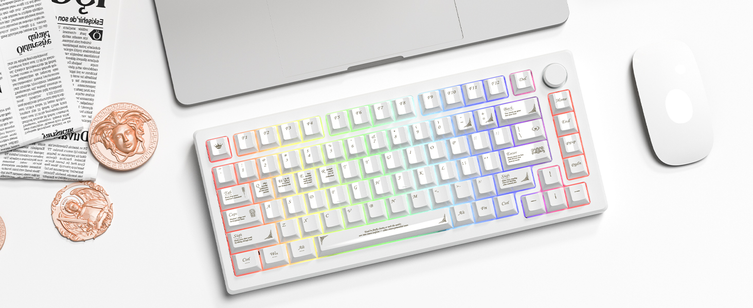 Glossy White PBT Keycaps Baroque Style 115 Keys Cherry Profile Custom Keycap Set Ceramic Texture