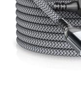 Close-up product shot of black braided or woven cable/cord with textured surface pattern against white background.