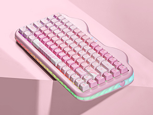 Pink mechanical keyboard with white keycaps displayed against pink gradient background, featuring standard QWERTY layout and RGB lighting.