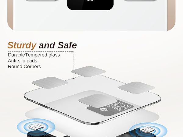 sturdy and safe bathroom digital bluetooth weigh scale tempered glass anti-slip pads