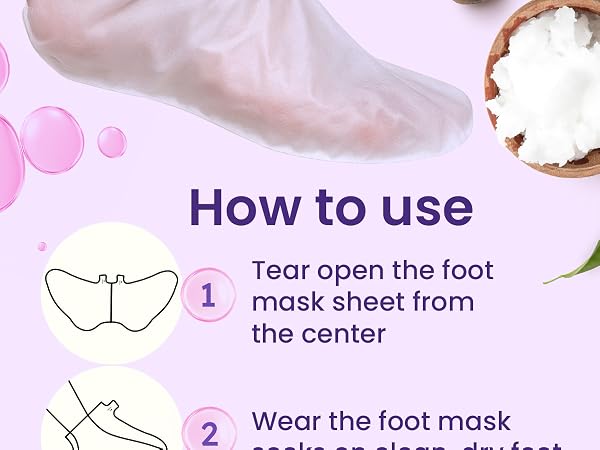 Text reads "How to use", "1 Tear open the foot sheet from the center", "2 Wear the foot mask". Instructions for foot mask application shown with diagram and product image on pink background.