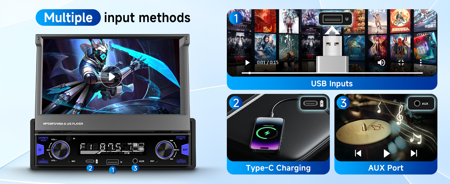 Single Din Car Stereo Screen Flip Out Wireless CarPlay Android Auto