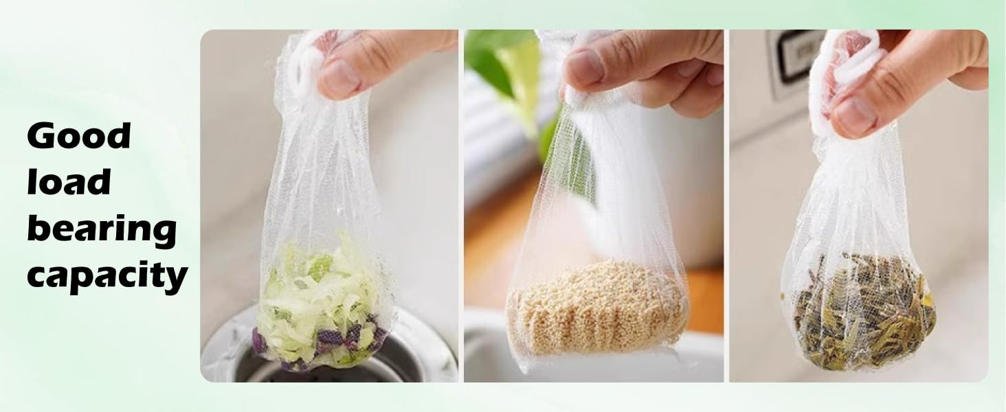 strainer bags hold vegetable scraps, rice, and tea leaves without tearing when lifted