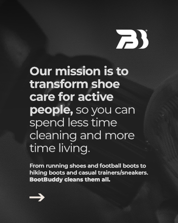 Shoe care product advertisement. Text describes mission to transform shoe care for active people, mentioning various types of footwear the product cleans.