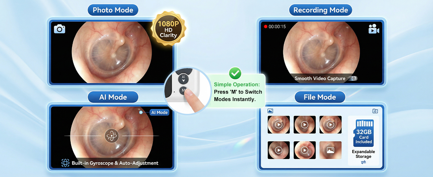 Digital otoscope with HD screen showing photo, video and AI modes, stable view and easy control.