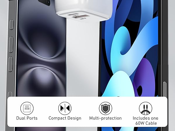 20W wall charger with dual ports, compact design, multi-protection and one 60W cable