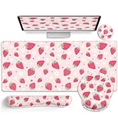 LIMKRIAN Strawberry Mouse Pad Desk Mat Set, Pink Ergonomic Mouse Pad with Wrist Rest, Large Gamin...